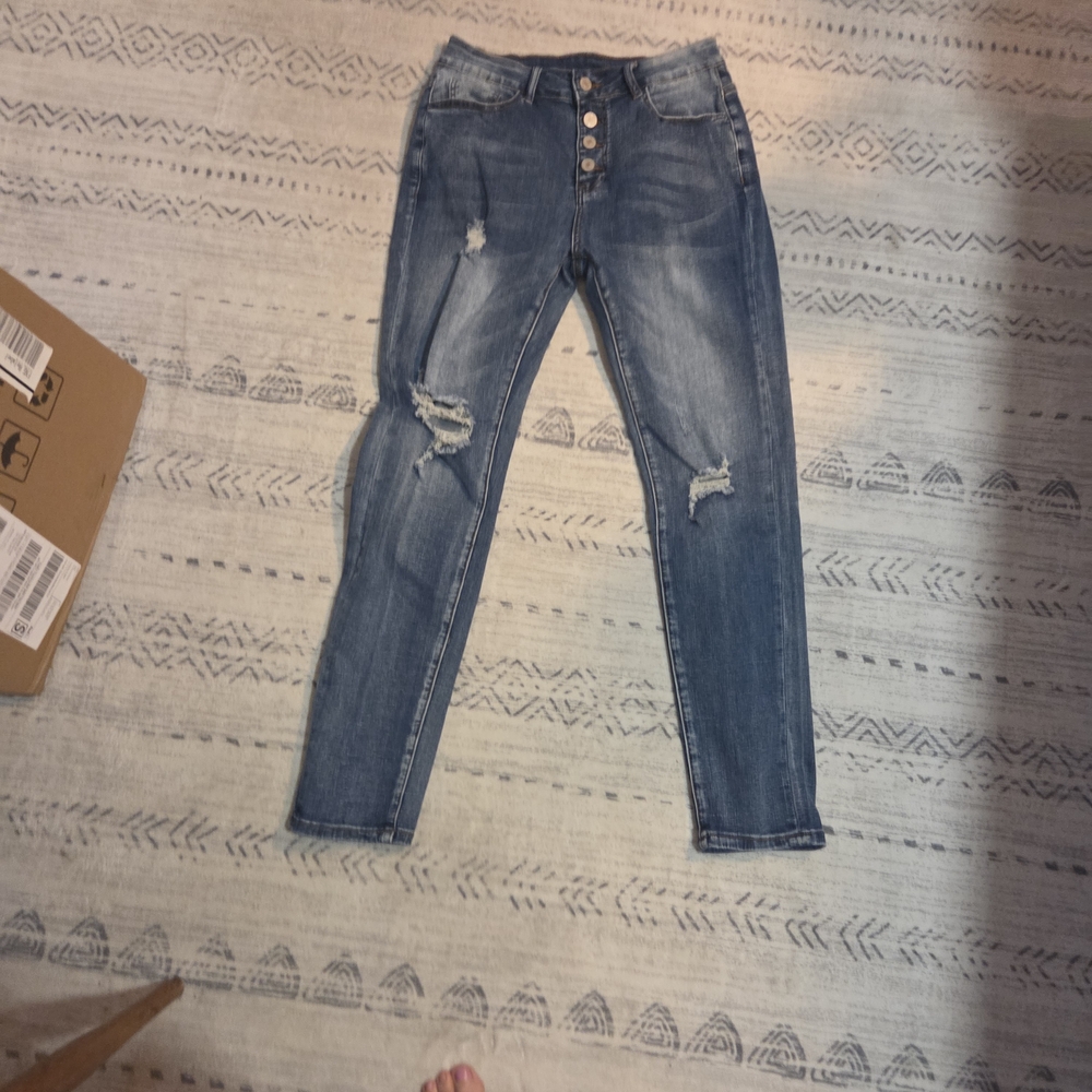 Distressed High-Rise Button-Fly Women’s Jeans - Blue